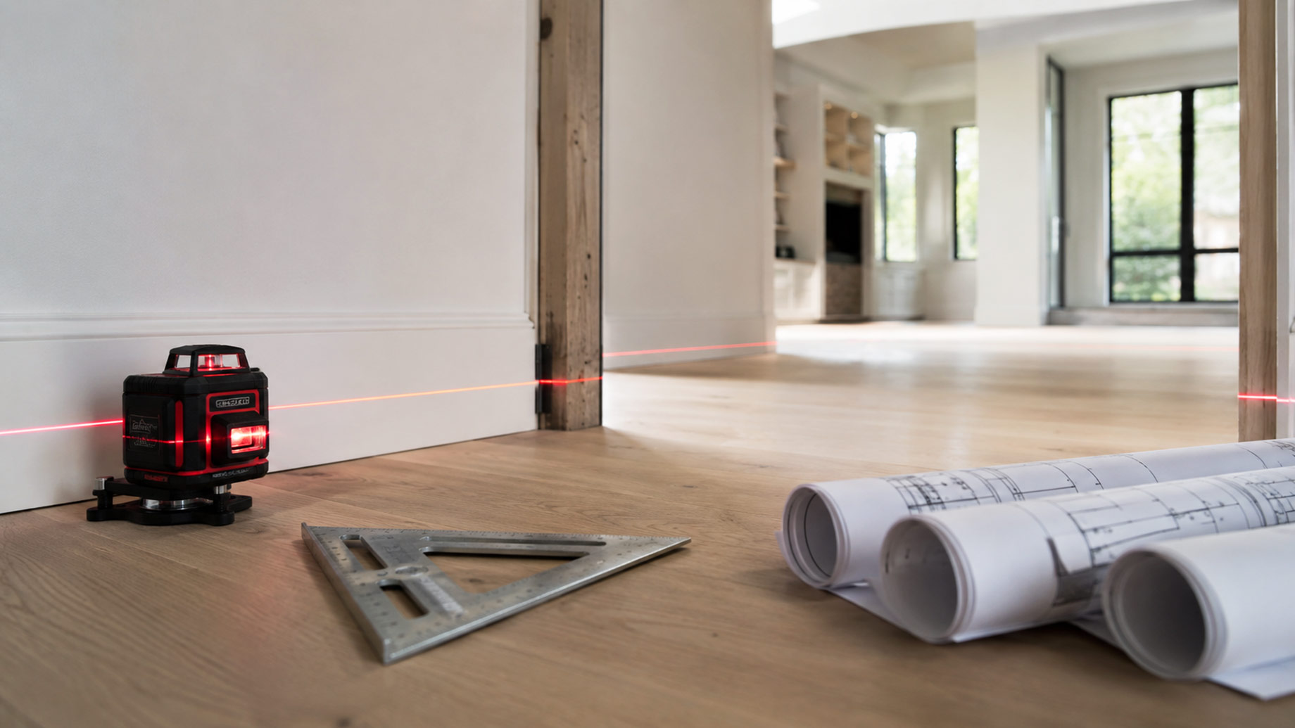 Laser level projecting precise alignment lines across a renovated interior beside rolled blueprints and a metal framing square.