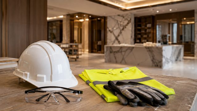 White hard hat, safety glasses, protective gloves, and folded high-visibility shirt arranged inside a refined luxury construction interior.