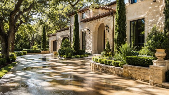 Clean wet driveway leading to a luxury limestone home surrounded by mature trees and manicured landscaping in Austin, Texas.
