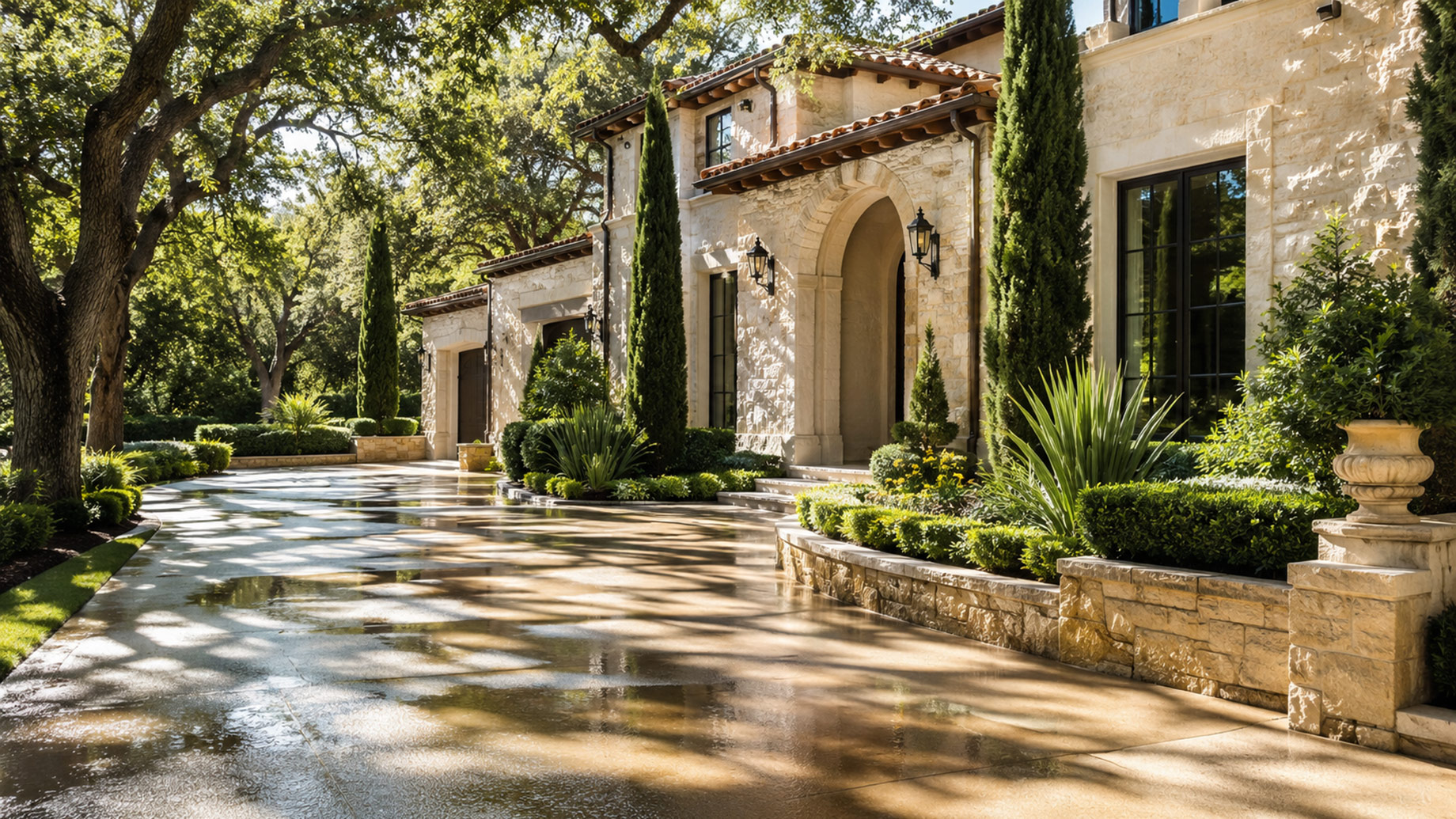 Clean wet driveway leading to a luxury limestone home surrounded by mature trees and manicured landscaping in Austin, Texas.