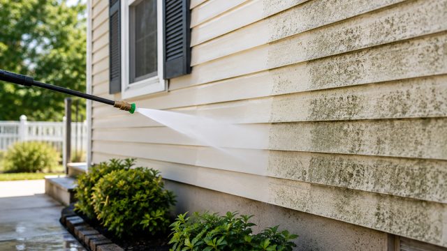 Pressure washer cleaning dirt, mold, and grime from exterior house siding beside a landscaped walkway.