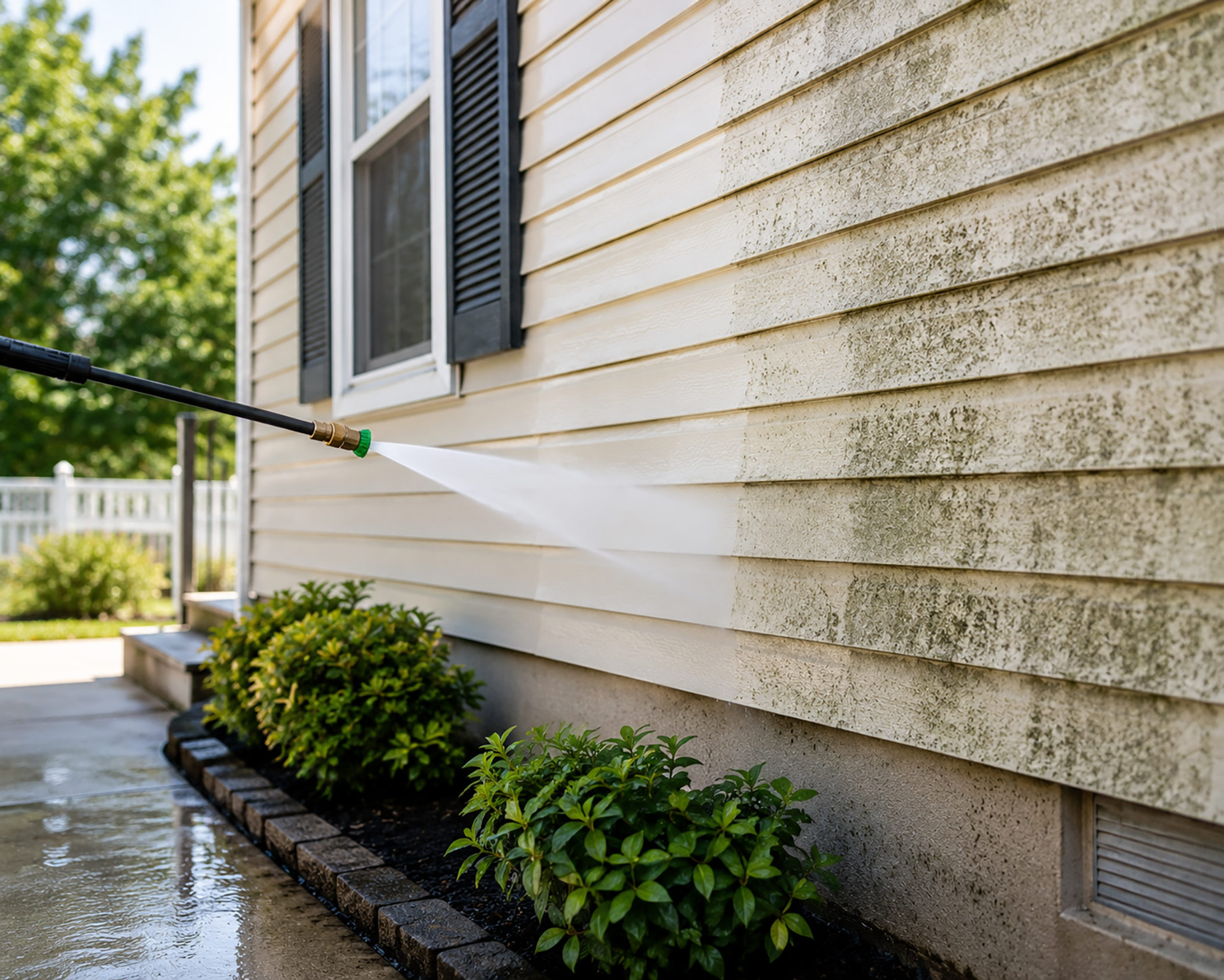 Pressure washer cleaning dirt, mold, and grime from exterior house siding beside a landscaped walkway.