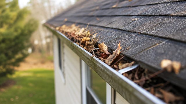 Roof gutter clogged with leaves and debris along a residential property, highlighting the importance of routine home maintenance.