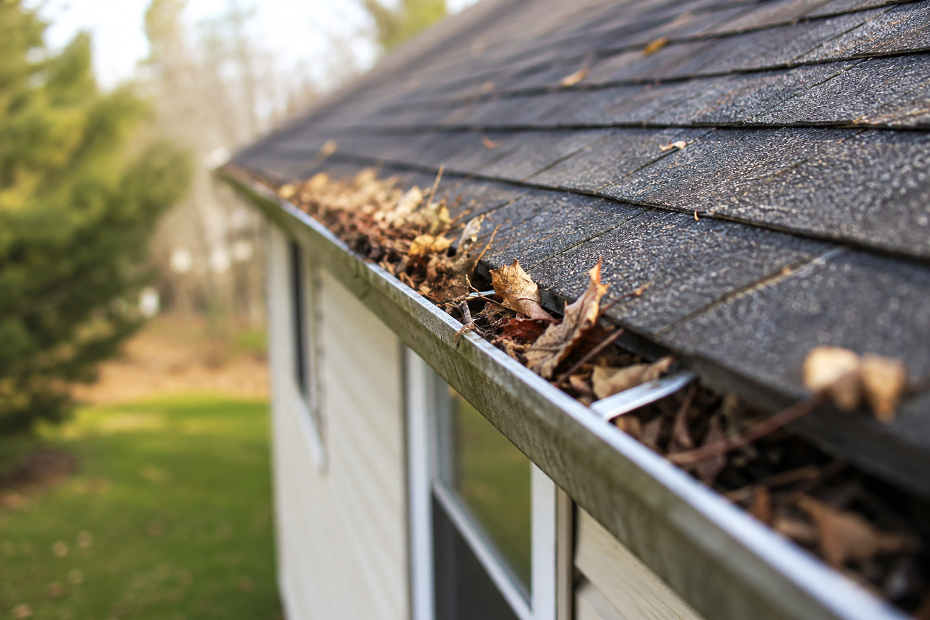 Roof gutter clogged with leaves and debris along a residential property, highlighting the importance of routine home maintenance.
