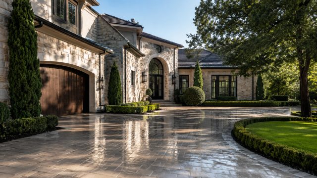 Luxury stone estate with a freshly washed wet driveway, manicured hedges, mature trees, dark-framed windows, and a wood garage door.