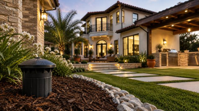Termite monitoring station in a landscaped garden outside a Mediterranean-style luxury home in Anaheim at dusk.