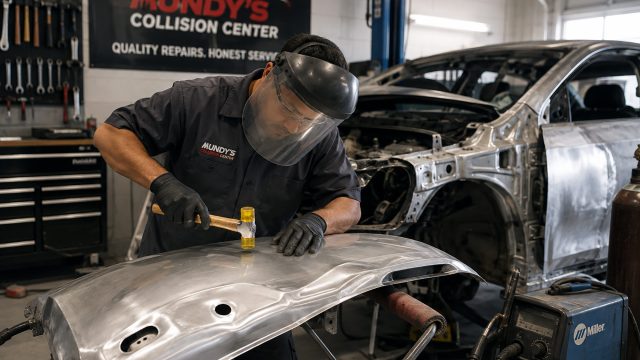 Technician repairing a bare aluminum vehicle panel inside a collision repair facility in Lawrenceville, Georgia.