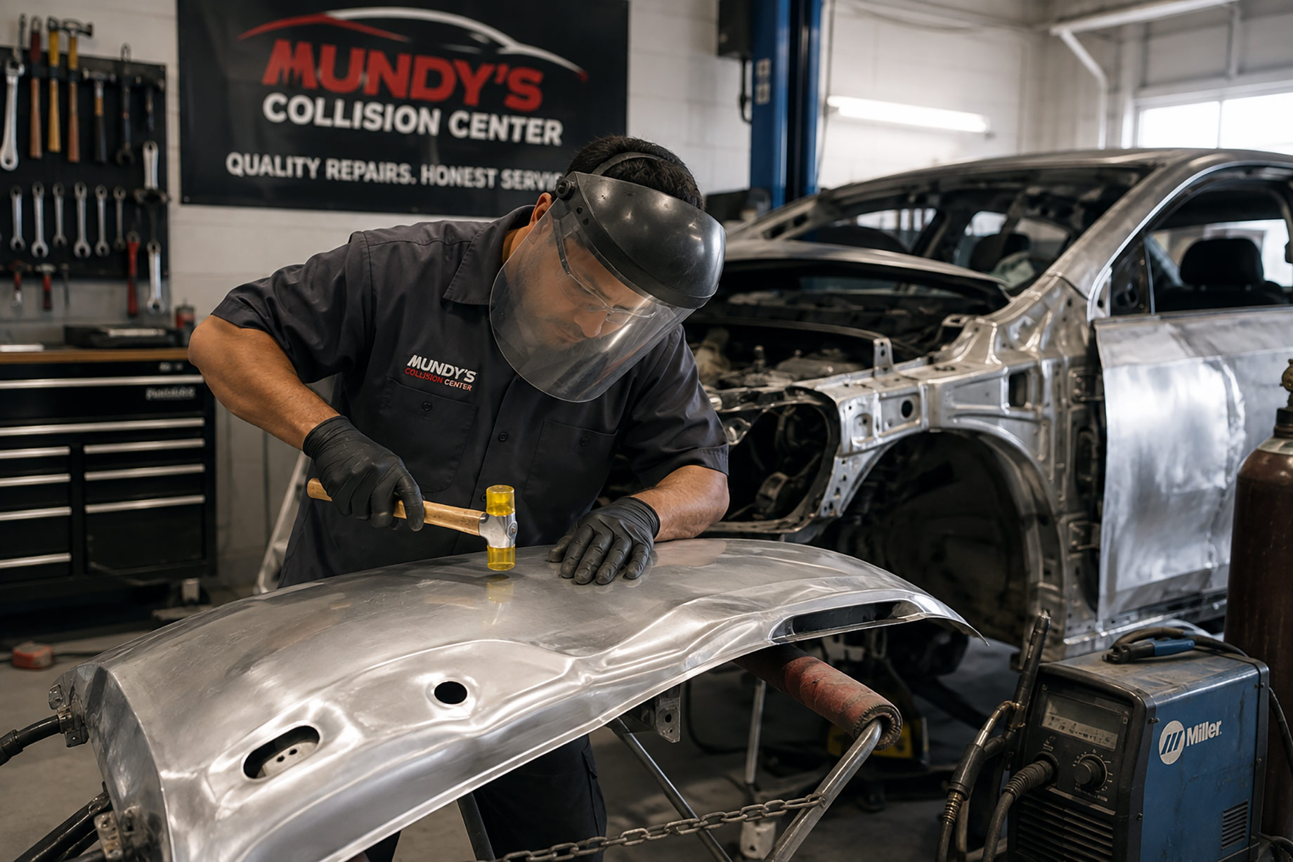 Technician repairing a bare aluminum vehicle panel inside a collision repair facility in Lawrenceville, Georgia.