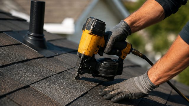 Roofing contractor’s gloved hands using a pneumatic nail gun to install asphalt shingles beside a roof vent.