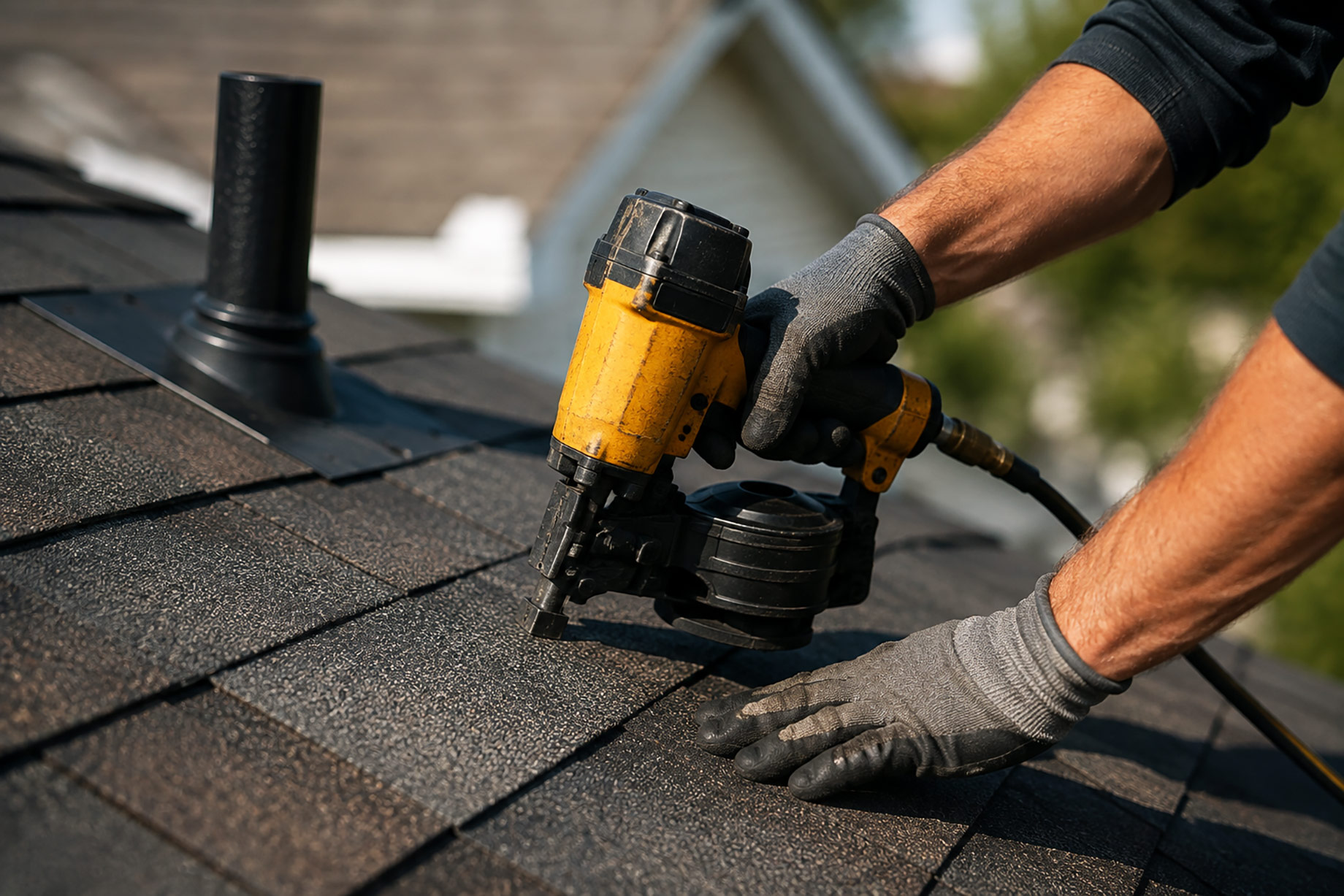 Roofing contractor’s gloved hands using a pneumatic nail gun to install asphalt shingles beside a roof vent.