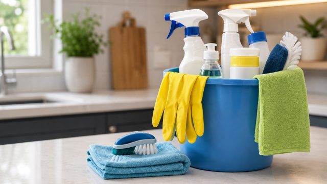 Cleaning supplies, microfiber cloths, brushes, and gloves arranged in a bucket on a kitchen counter.