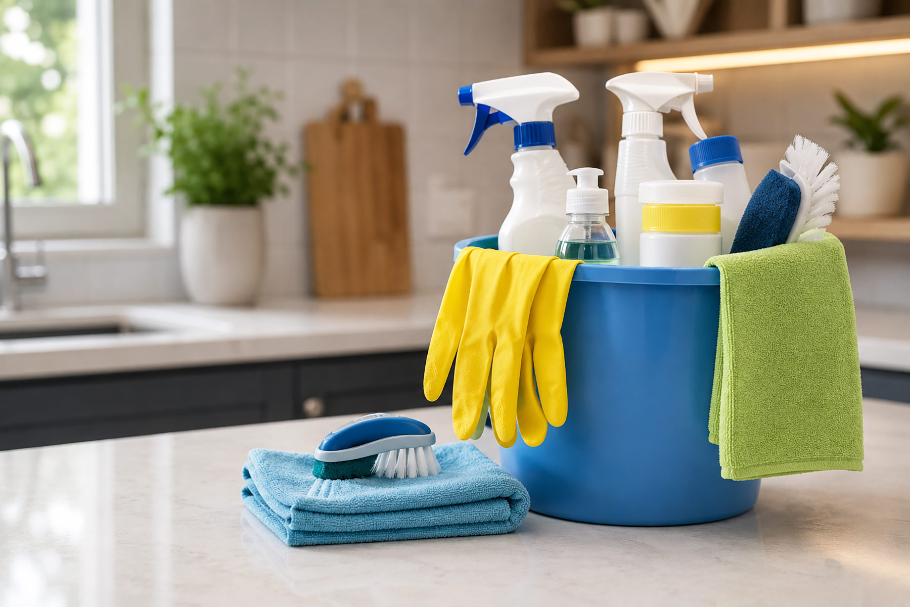 Cleaning supplies, microfiber cloths, brushes, and gloves arranged in a bucket on a kitchen counter.