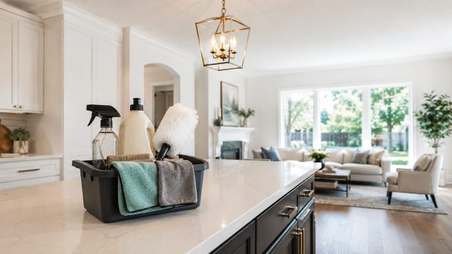 Cleaning caddy with spray bottles, microfiber cloths, and a duster on a kitchen island inside a clean, bright modern home.
