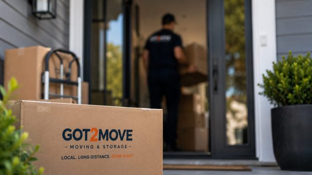 GOT2MOVE moving box in sharp focus outside a modern home as a mover carries another box through the softly blurred doorway.