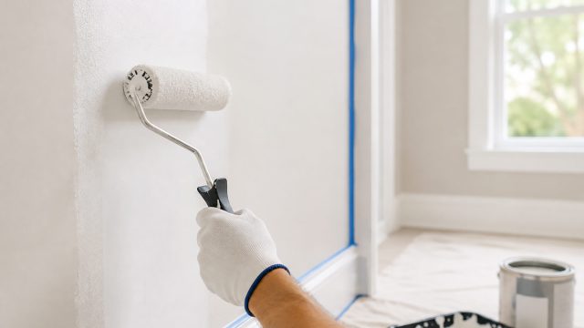 Professional painter applying fresh white paint to an interior wall with a roller after home renovations.