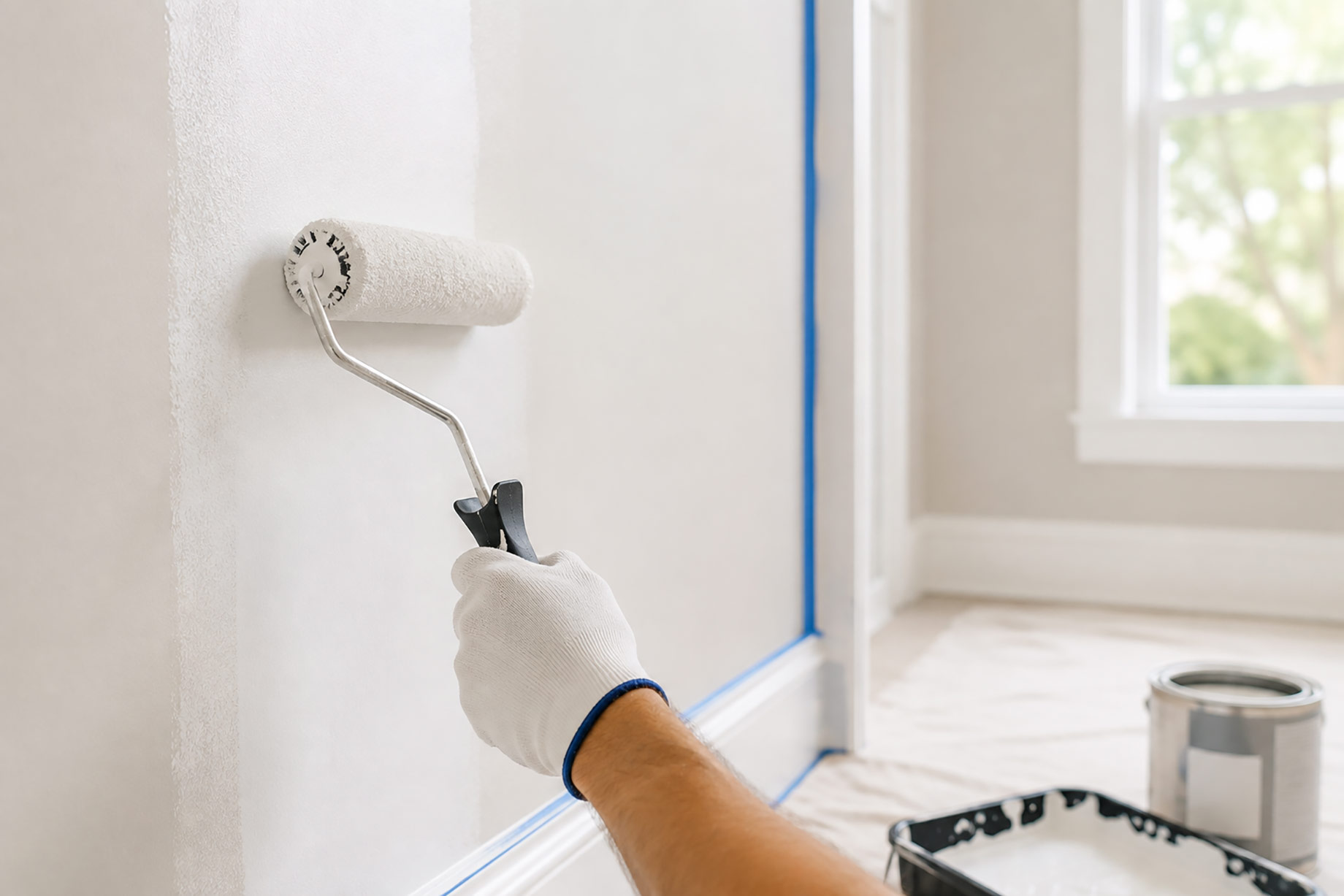Professional painter applying fresh white paint to an interior wall with a roller after home renovations.