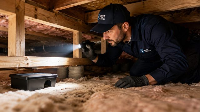 Pest control professional inspecting a crawl space with a flashlight beside a monitoring station beneath a large residential property.
