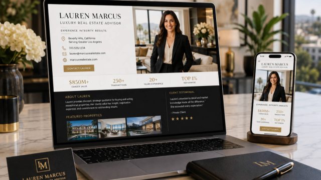 Luxury real estate agent profile displayed on a laptop and smartphone in an elegant office setting.