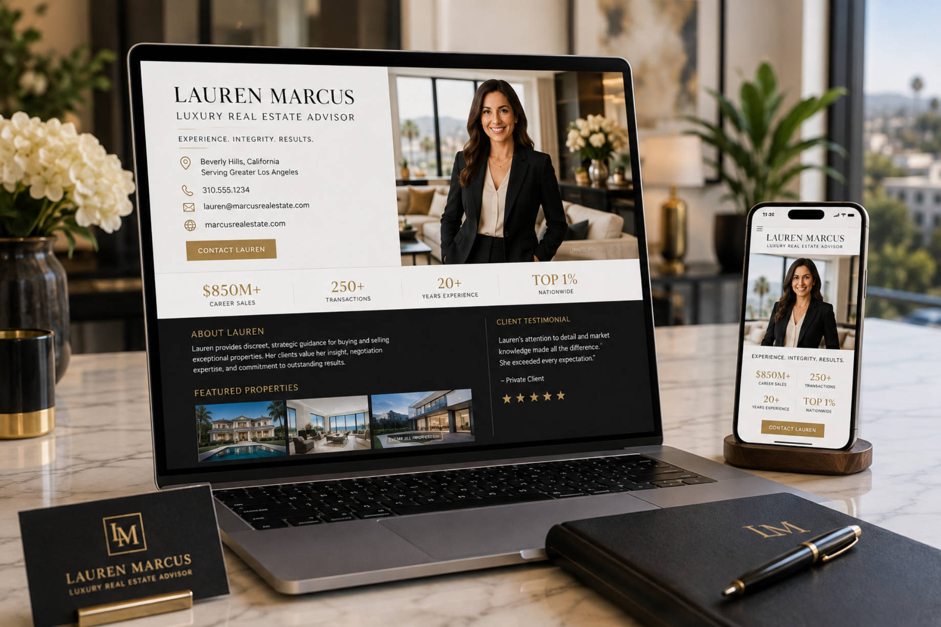 Luxury real estate agent profile displayed on a laptop and smartphone in an elegant office setting.