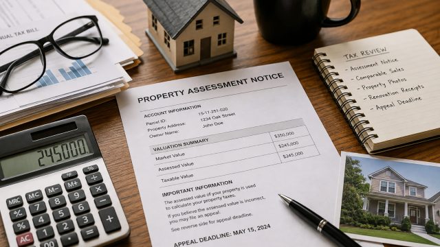 Property assessment notice with calculator, house model, tax documents, property photo, and appeal notes arranged on a desk.