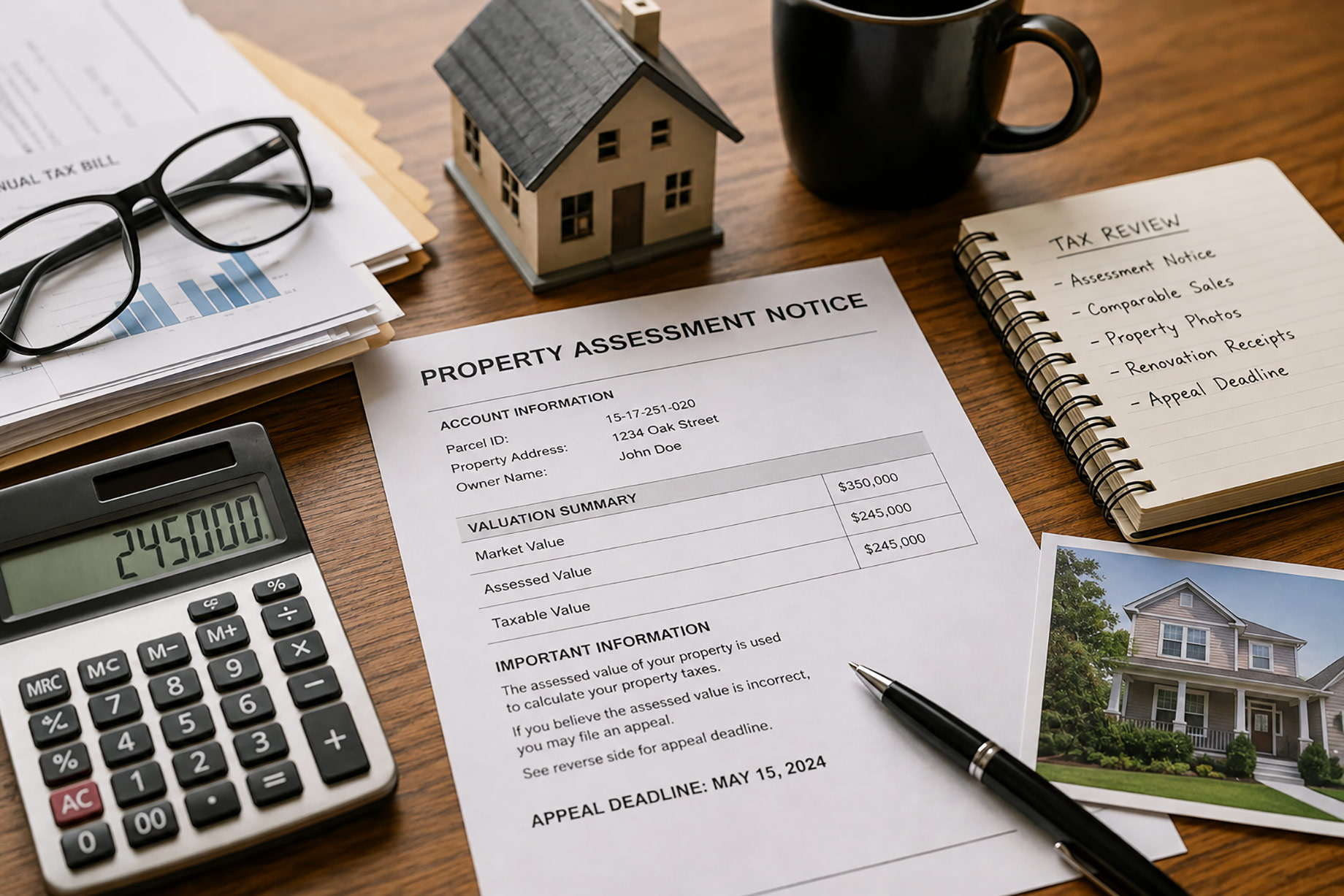 Property assessment notice with calculator, house model, tax documents, property photo, and appeal notes arranged on a desk.