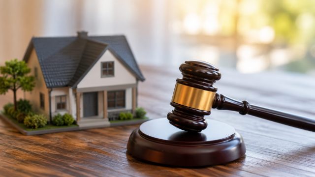 Auction gavel beside a model home representing competitive bidding for a desirable residential property.