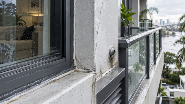 Close-up of a cracked concrete facade beside a rain-covered window and glass balcony railing, with water staining and a distant city skyline.