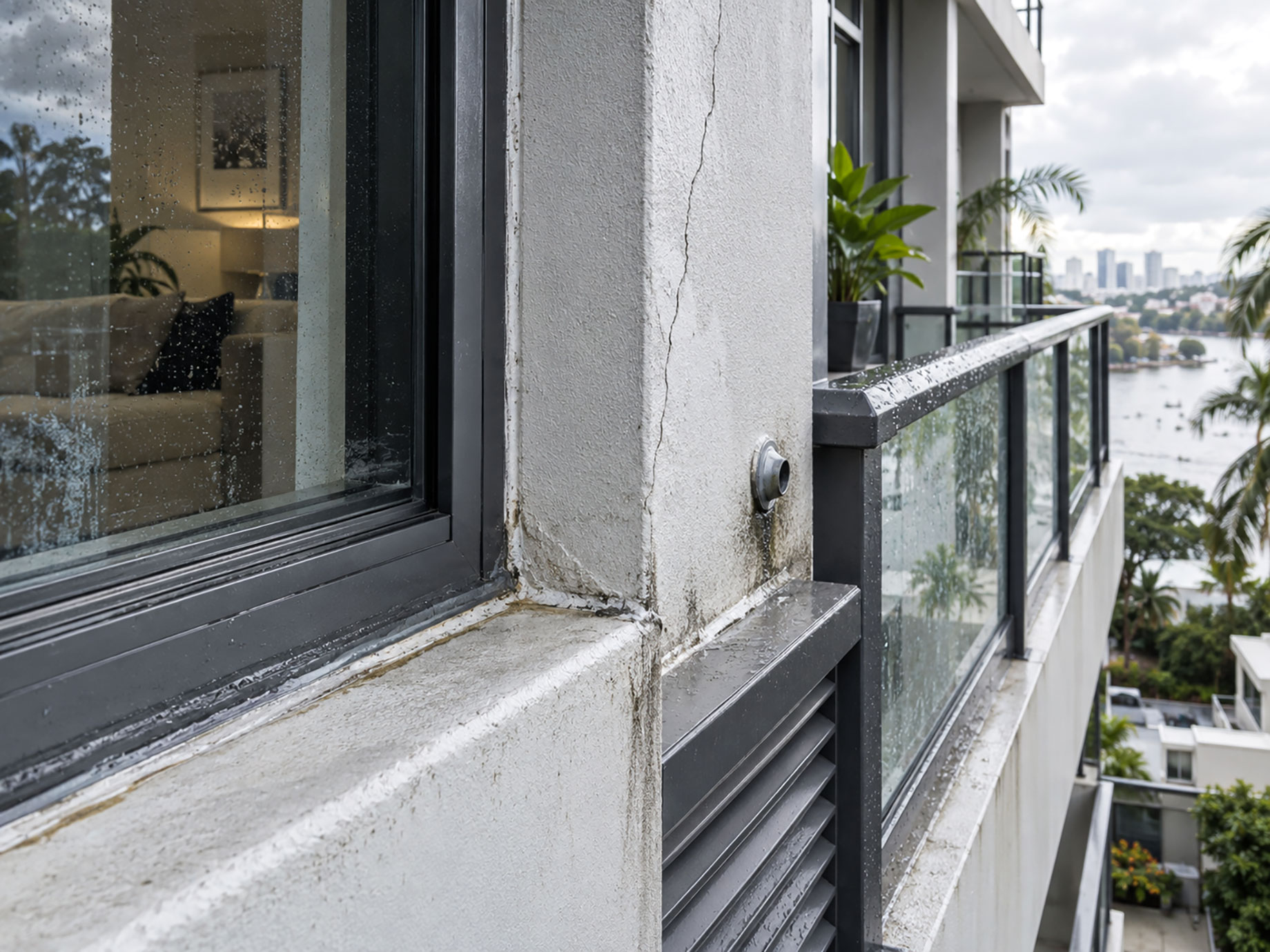 Close-up of a cracked concrete facade beside a rain-covered window and glass balcony railing, with water staining and a distant city skyline.