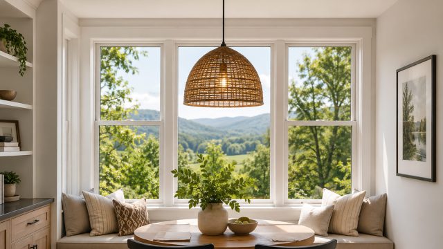 Woven rattan pendant positioned above a round dining table and built-in window seat without obstructing expansive countryside views.