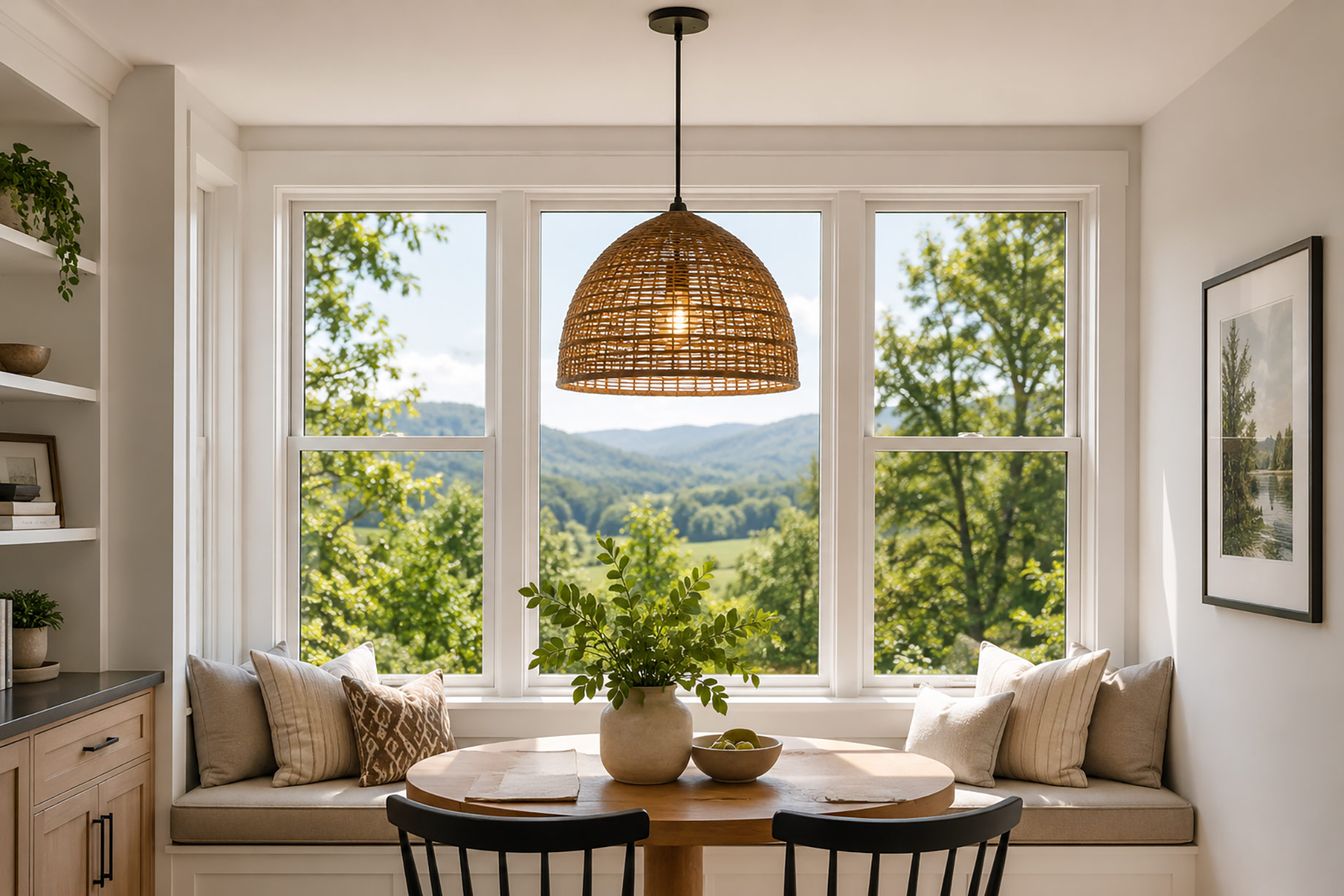 Woven rattan pendant positioned above a round dining table and built-in window seat without obstructing expansive countryside views.