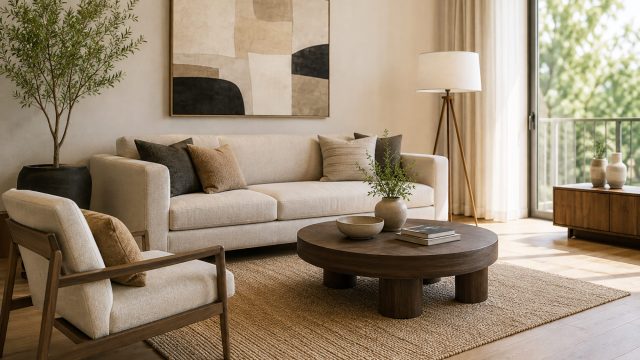 Furnished rental living room with neutral seating, natural wood furniture, layered textiles, greenery, and coordinated interior finishes.