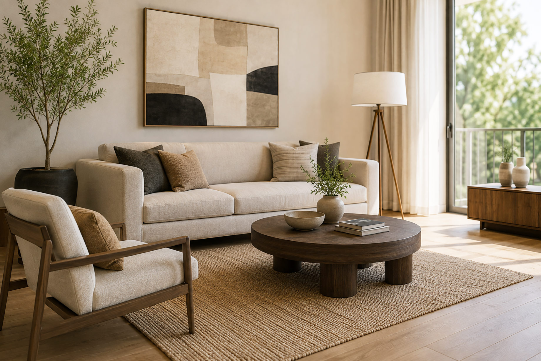 Furnished rental living room with neutral seating, natural wood furniture, layered textiles, greenery, and coordinated interior finishes.