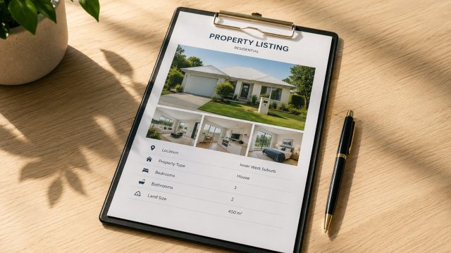 Residential property listing on a clipboard showing a three-bedroom Australian home with property details and interior views.