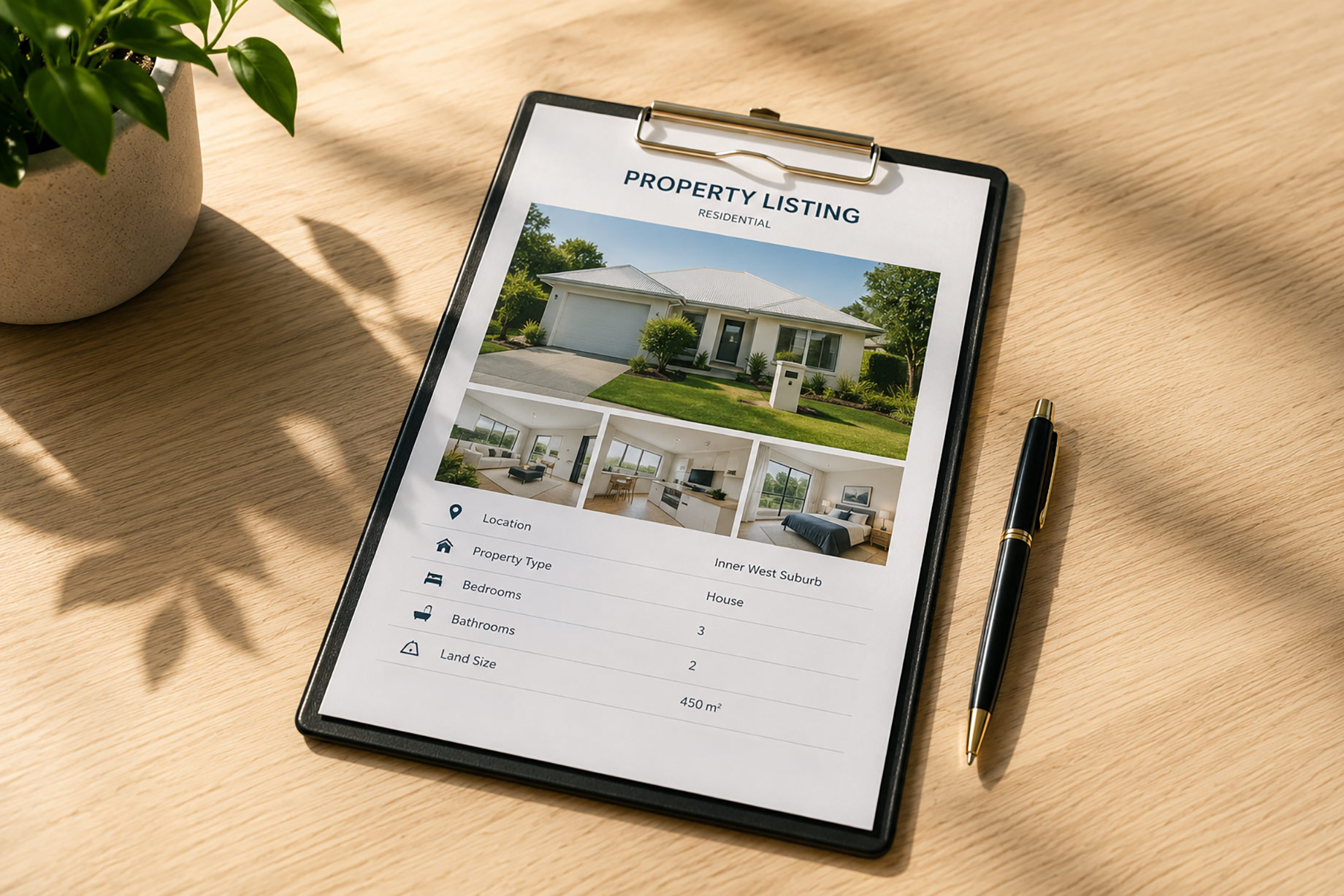 Residential property listing on a clipboard showing a three-bedroom Australian home with property details and interior views.
