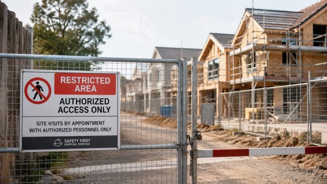 A controlled entrance to an active residential development displays restricted-access and authorized-entry requirements, illustrating how scheduled site visits can balance buyer inspection rights with construction safety and liability considerations.