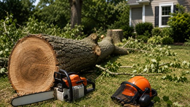 Fallen tree trunk with chainsaw, safety helmet, gloves, and protective equipment in a residential yard after tree removal.