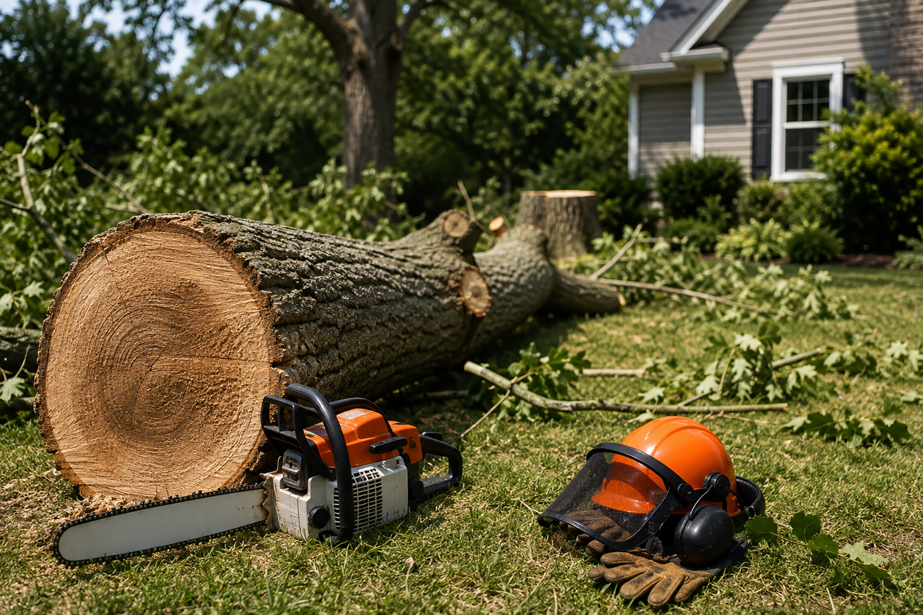 Fallen tree trunk with chainsaw, safety helmet, gloves, and protective equipment in a residential yard after tree removal.