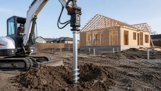Excavator installing a steel screw pile beside a timber-framed home under construction with additional foundation piles positioned across the site.