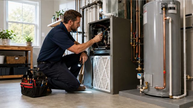 HVAC technician servicing a residential heating system beside a water heater, exposed plumbing lines, air filter, and professional tool bag.