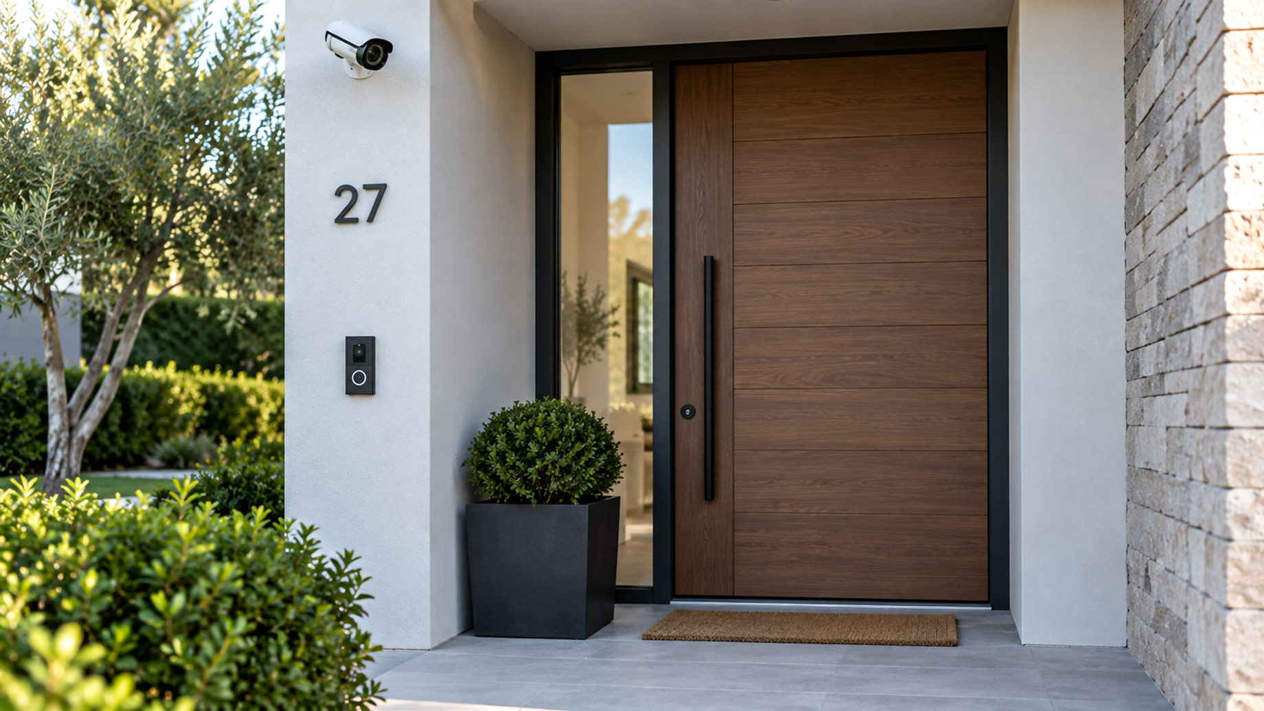Contemporary home entrance with a solid wood door, video doorbell, security camera, and neatly maintained landscaping.