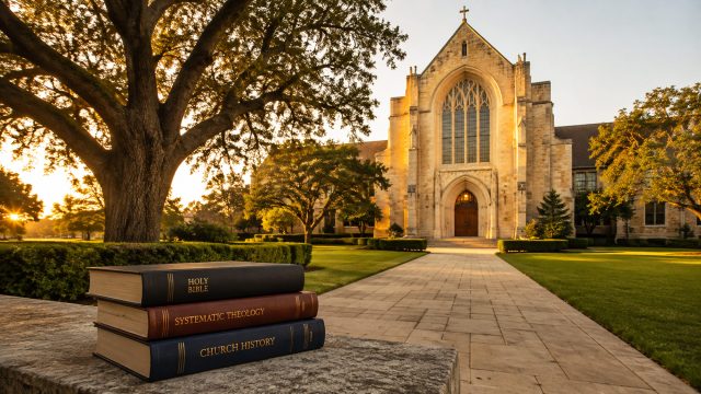 Holy Bible, systematic theology, and church history books beside a traditional seminary chapel on a Texas campus.
