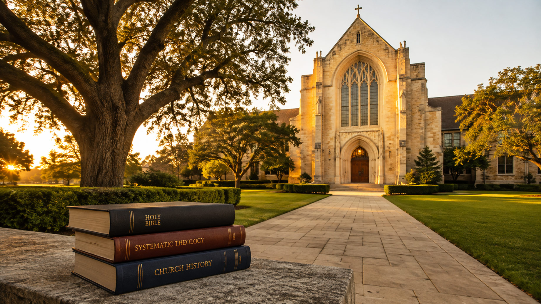Holy Bible, systematic theology, and church history books beside a traditional seminary chapel on a Texas campus.