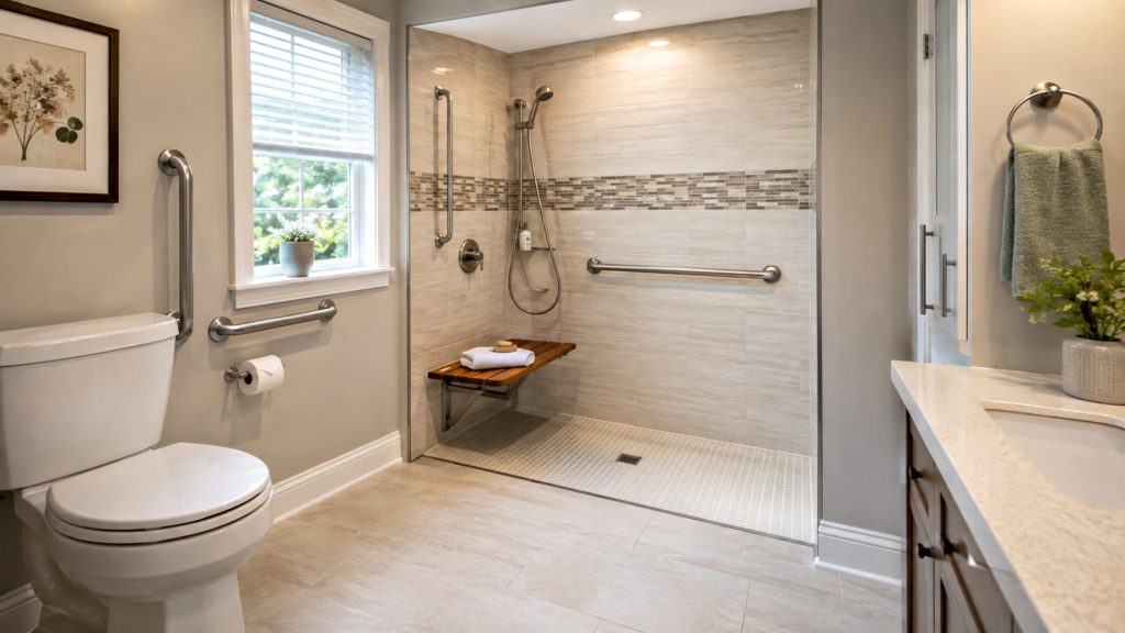 Accessible bathroom with walk-in shower, grab bars, shower bench, handheld showerhead, non-slip flooring, and support rails for safer senior living.