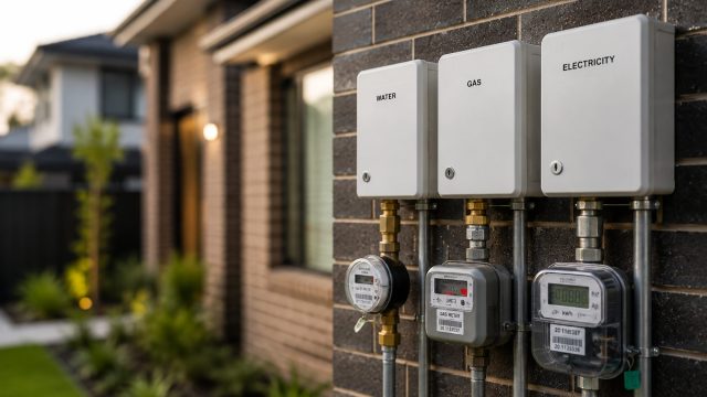 Separate water, gas, and electricity meters mounted on the exterior of a modern Sydney home with the property softly blurred behind them.