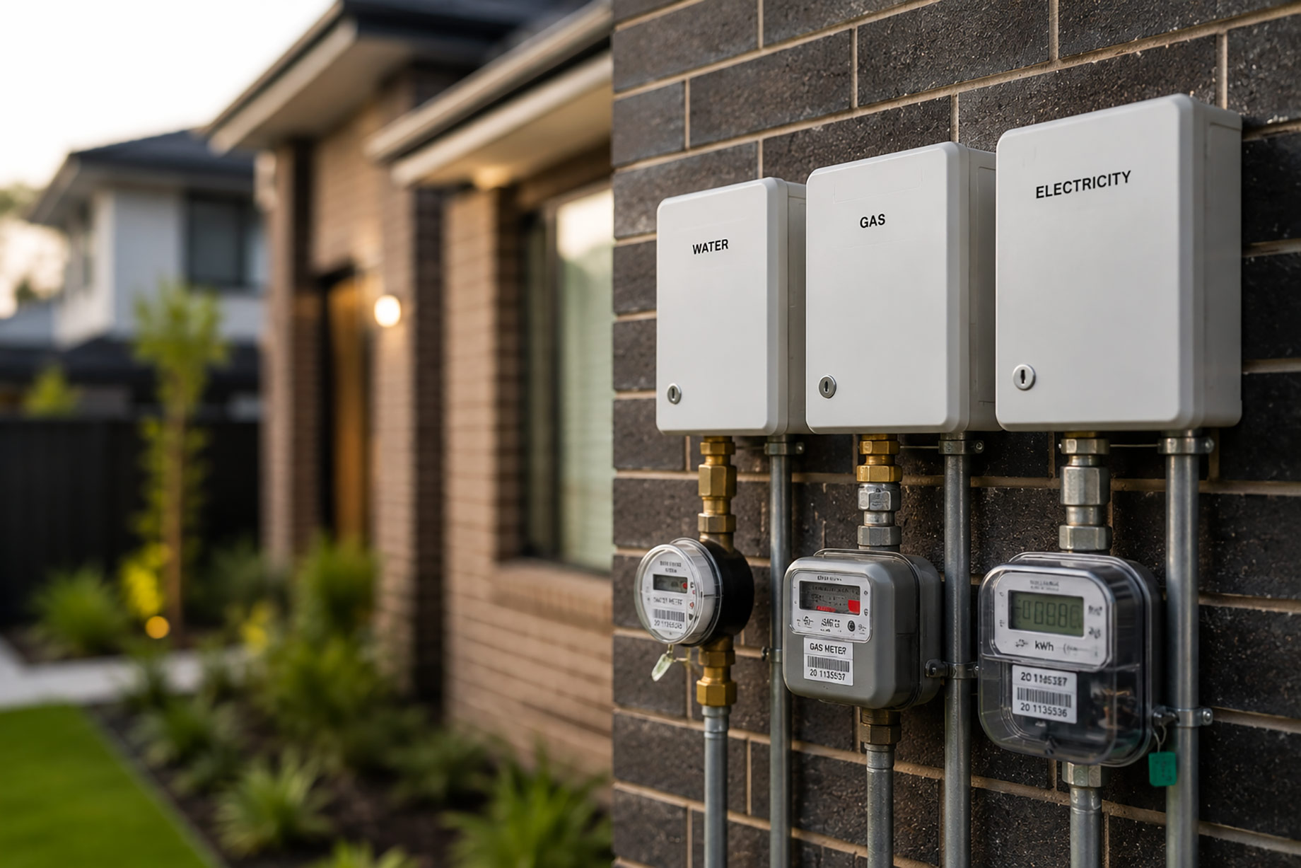 Separate water, gas, and electricity meters mounted on the exterior of a modern Sydney home with the property softly blurred behind them.