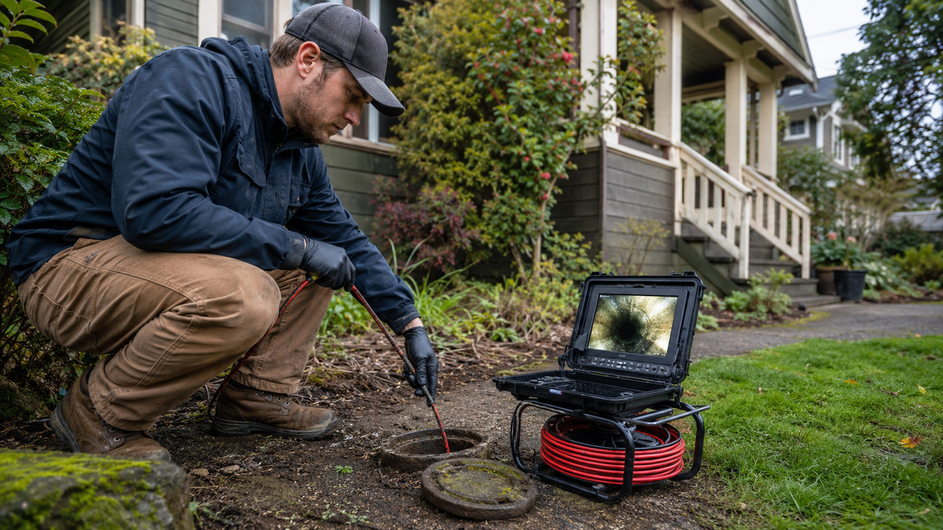 Technician uses a sewer camera and monitor to inspect an underground drain line outside an older Seattle craftsman home.