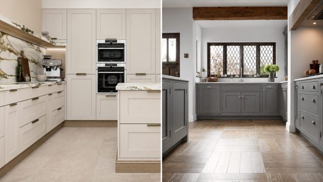 Split-screen comparison of a cream Shaker kitchen on the left and a grey in-frame kitchen with inset cabinetry on the right.