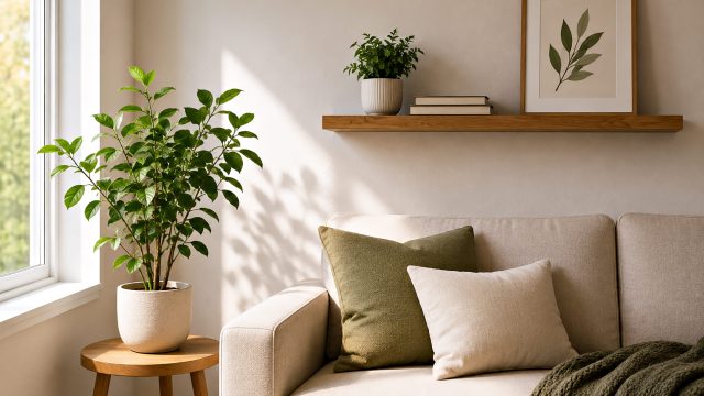 Bright living room corner with a cream sofa, green cushions, indoor plants, natural wood accents, and simple wall décor.