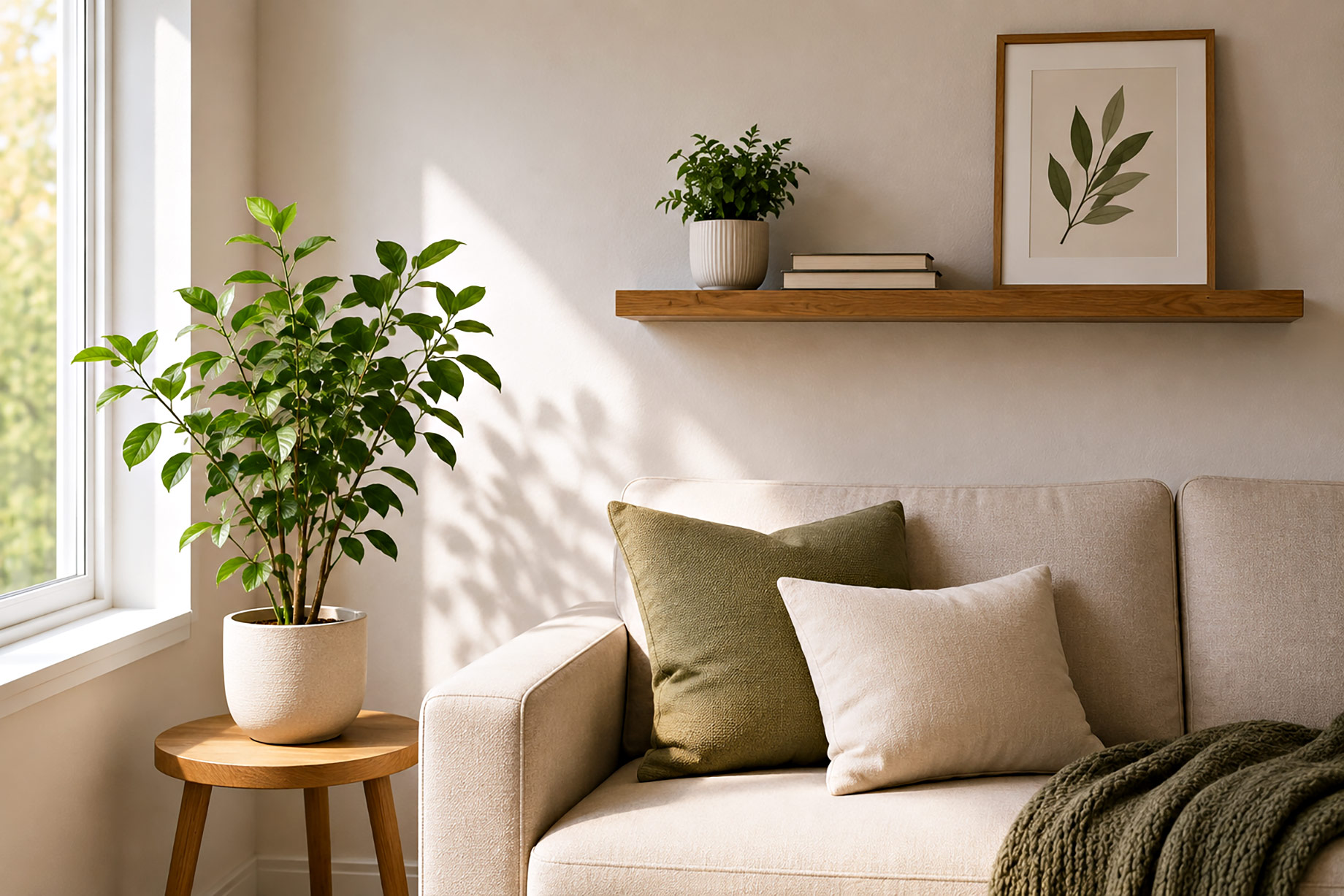 Bright living room corner with a cream sofa, green cushions, indoor plants, natural wood accents, and simple wall décor.