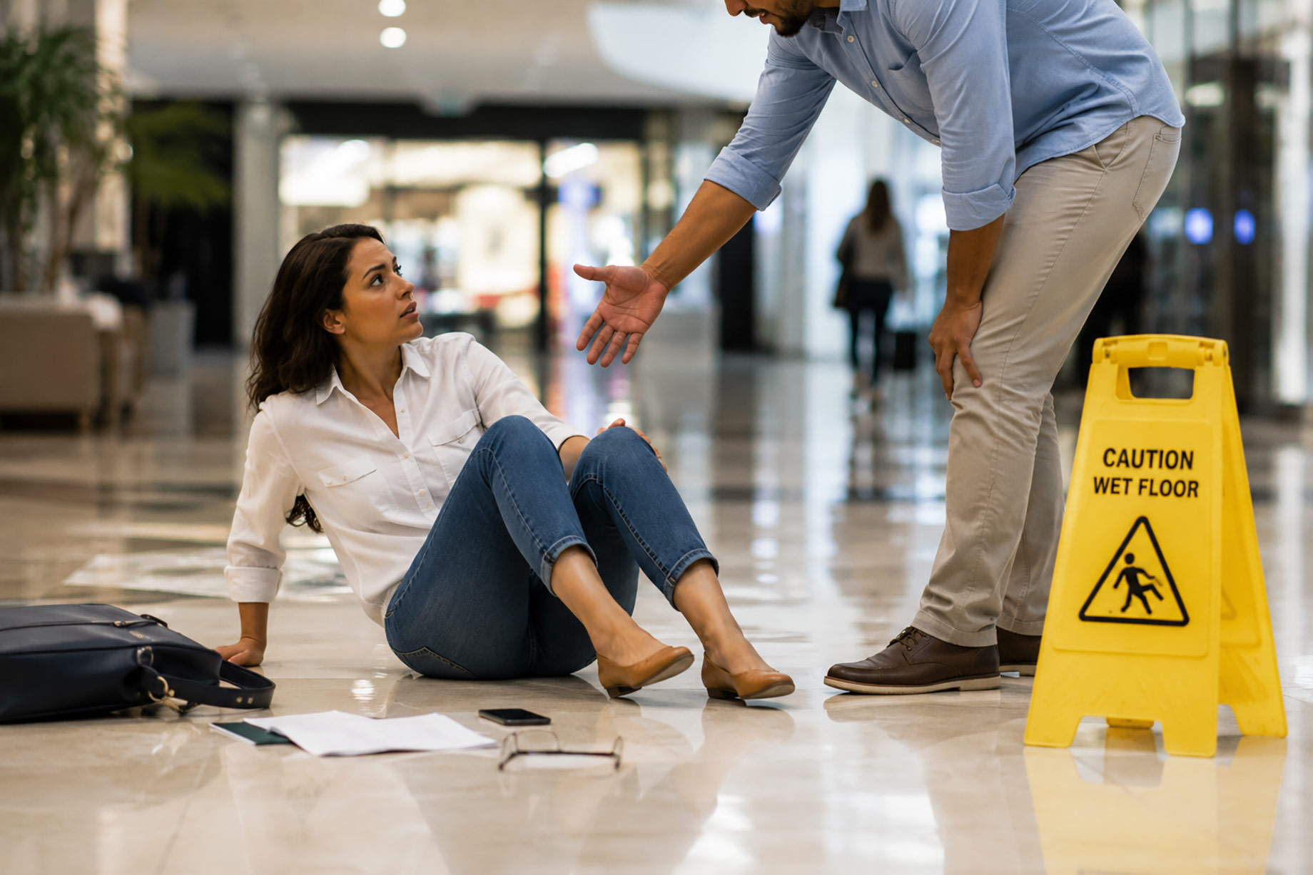 Woman seated on a wet floor after a fall while another person offers assistance beside a caution sign inside a commercial building.